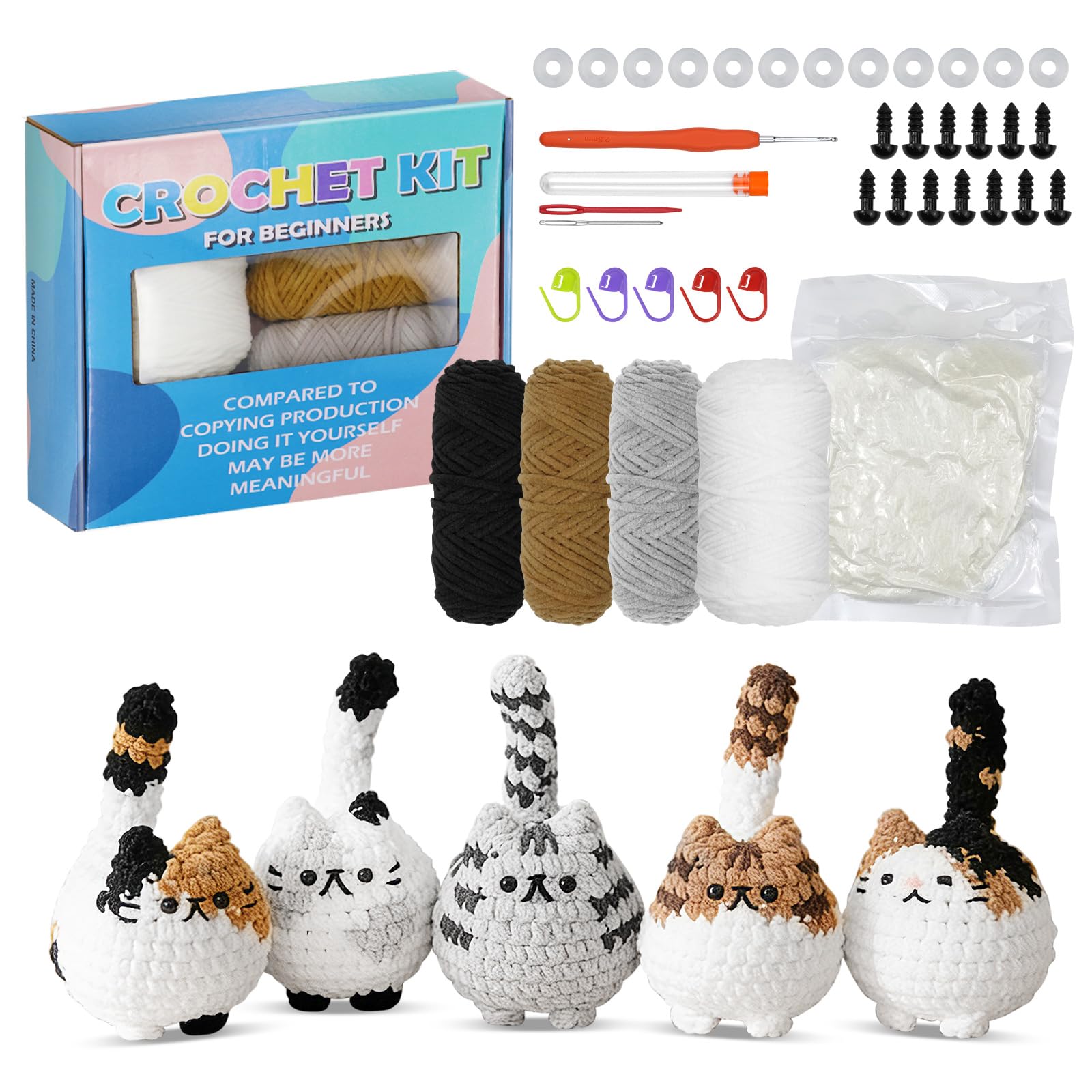 Ortviai Kit Uncinetto Principianti, Kit Adulti Imparare Uncinetto, Set Uncinetto Animali con Filato e Accessori, Guida Passo Dopo Passo, 5 Gattini Fatti a Mano