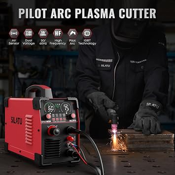 SILATU Plasma Cutter, 75Amps HF Non-Touch Pilot Arc Plasma Cutter Machine, 110V/220V Dual Voltage IGBT Inverter LED Display, 5/8'' Clean Cut 1'' Max Cut, Stable Arc, PT/2T/4T for Beginners DIY (Red)
