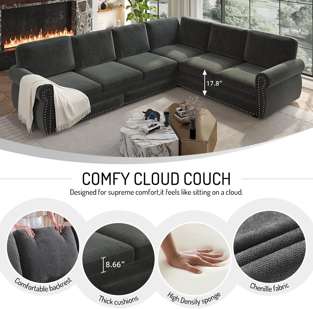 118'' Pull Out Couch, Convertible Sleeper Sofa Bed, Upholstered Sectional Sofa, Chenille L-Shaped Couch with Nailhead Trim, 6-Seater Modern Sectional Couches for Living Room,Bedroom, Dark Grey