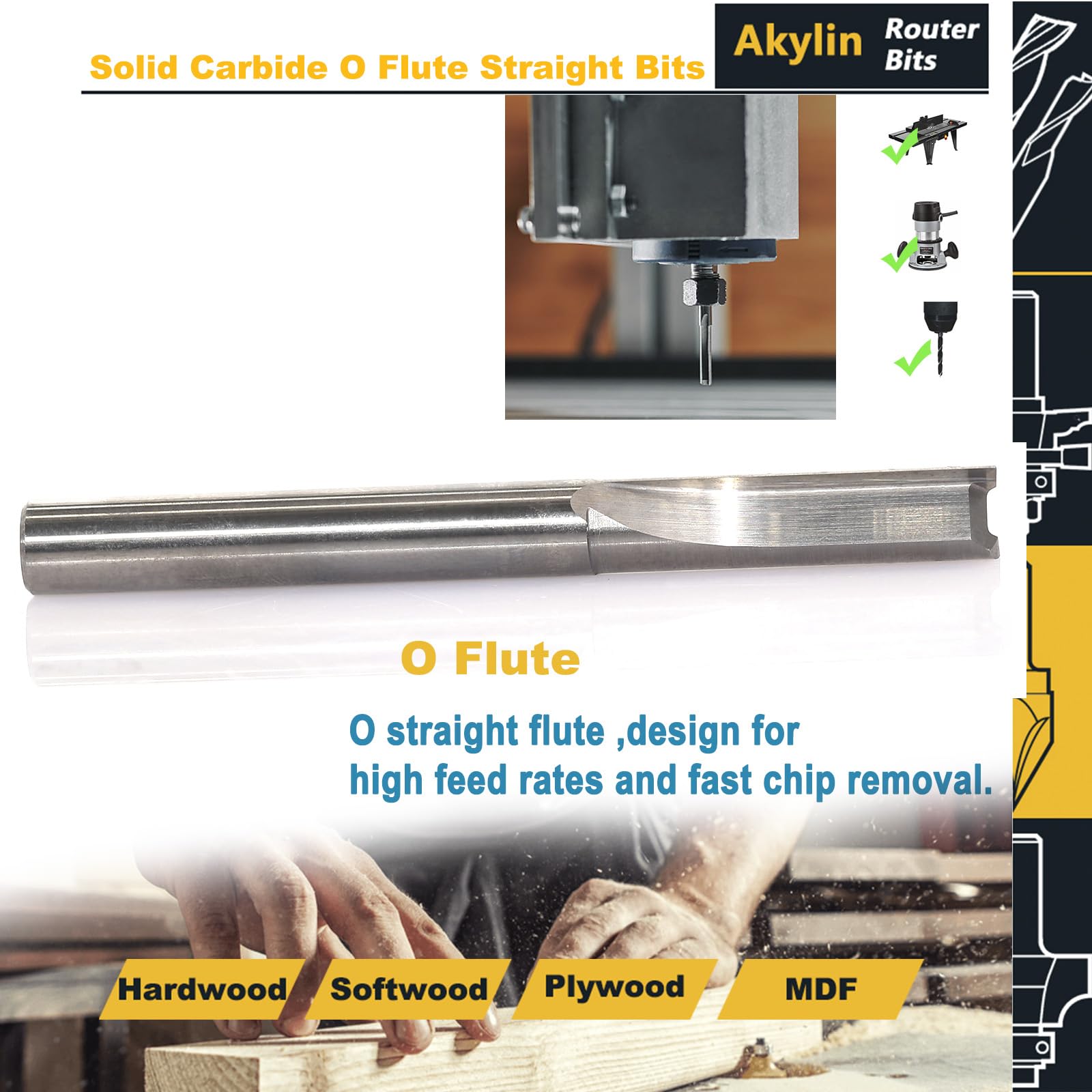 Snapklik.com : Akylin Solid Carbide O Flute Straight Router Bits 1/4