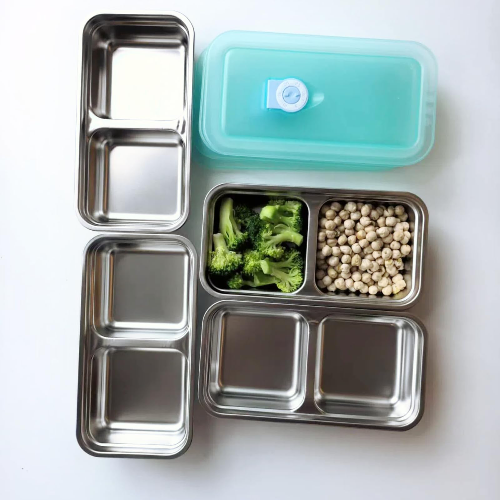 Set di contenitori per snack in acciaio inossidabile, contenitore per alimenti con 2 scomparti, capacità 590 ml, 20 x 10,5 x 4 cm, coperchio a tenuta stagna, impilabile (4)