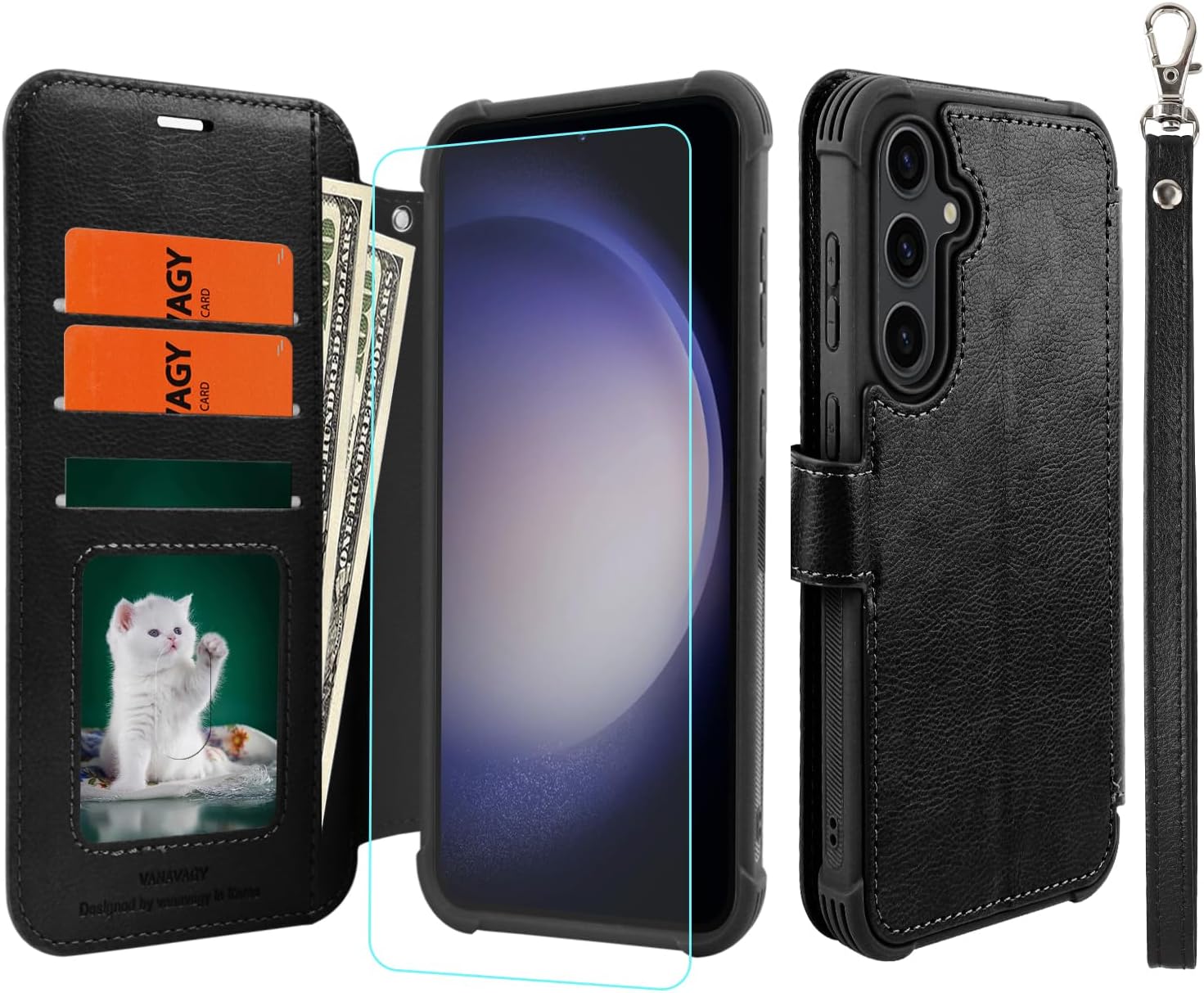 VANAVAGY Wallet Case Compatible for Galaxy S23 FE for Women Men, PU Leather Flip Phone Cover with Wrist Supports Wireless Charging with RFID Blocking Card Holder Screen Protector，Black
