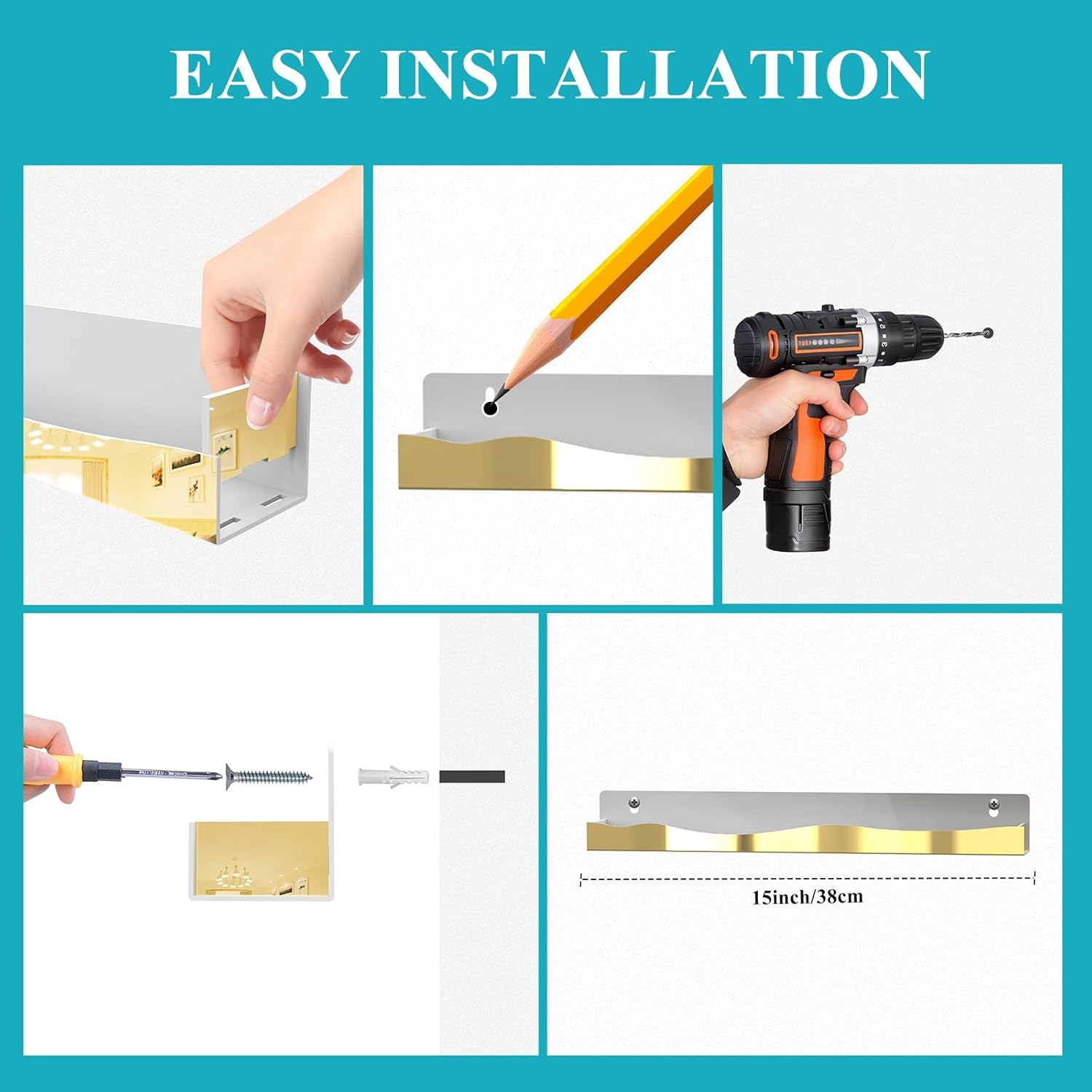 12 Pack Gold Mirror Nail Polish Racks 15 Inch Acrylic Wall Mount Shelves with Stopper for Nail Polish Organizer, Picture Frames, Books, Home Dec