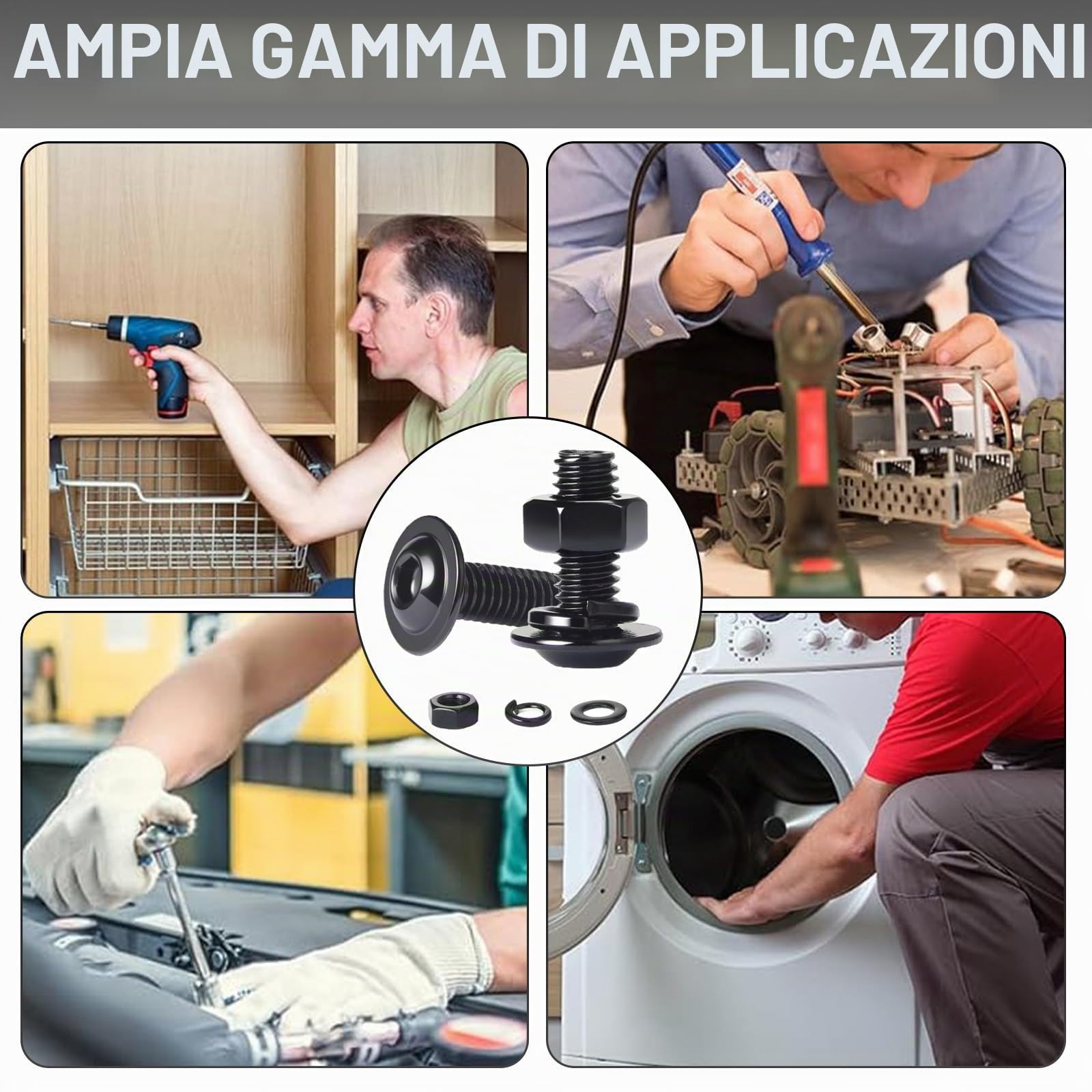 10 Pezzi Viti a Testa Bombata con Esagono Incassato M5x12 mm, Acciaio Inossidabile A2 V2A Ossido Nero, Set di Bulloni con Dadi Esagonali e Rondelle Elastiche