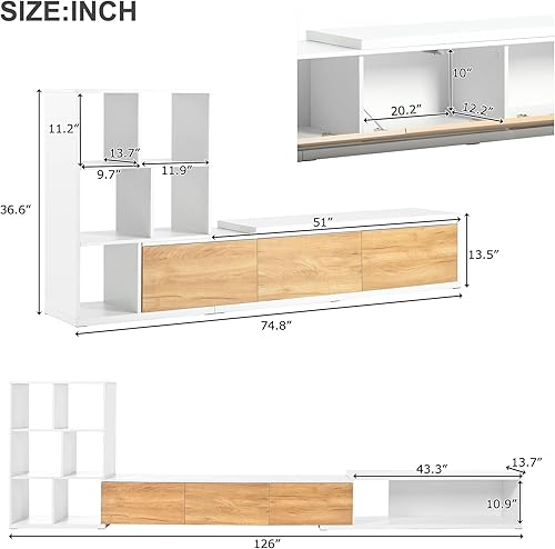 Miniatura 35 de Merax Moderno soporte de TV con patas de metal, asas doradas, líneas geométricas y estantes ajustables para televisores de hasta 80 pulgadas, mesa