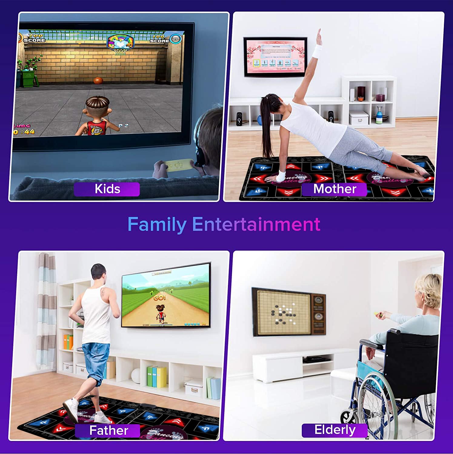 Tappeto da Ballo HDMI Doppio per Bambini e Adulti, 64GB con 899 Giochi e 650 Brani, Fitness Dance Mat Wireless con Modalità MV/3D/Cartoon, Morbido Tessuto in Flanella Premium, Regalo Divertimento