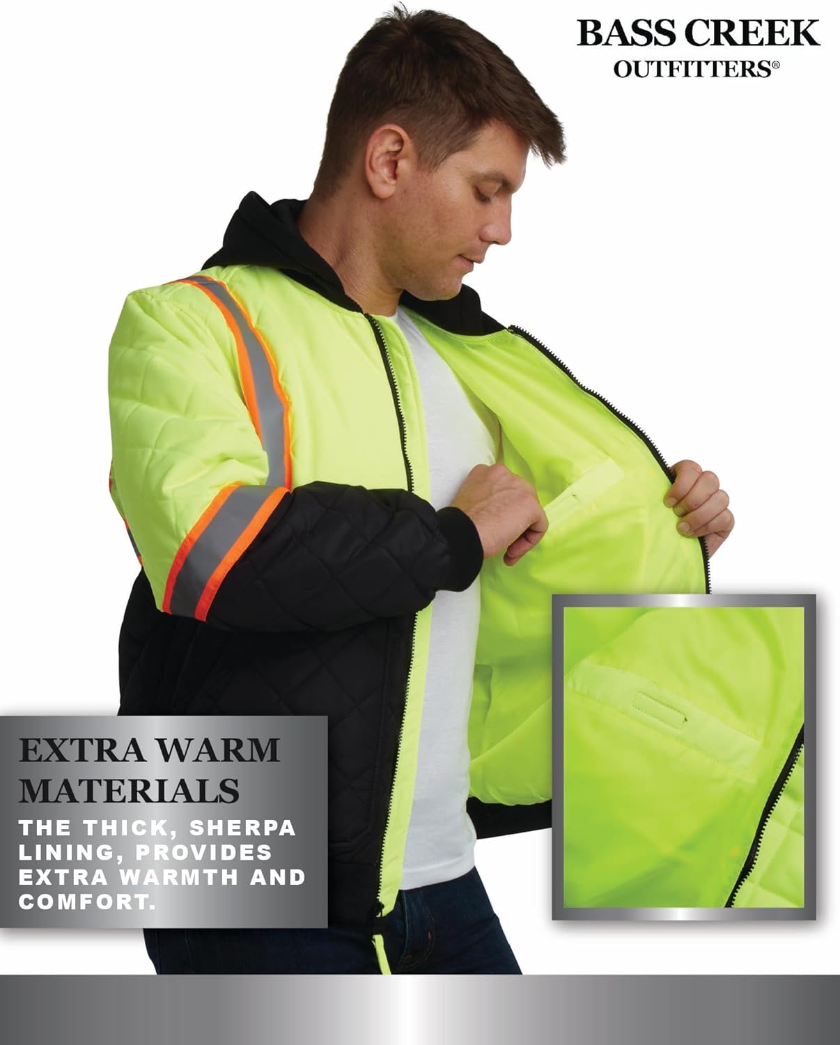 Bass Creek Outfitters Mens High Visibility Jacket - Quilted Hi Vis Bomber Safety Work Jackets for Men with Fleece Hood