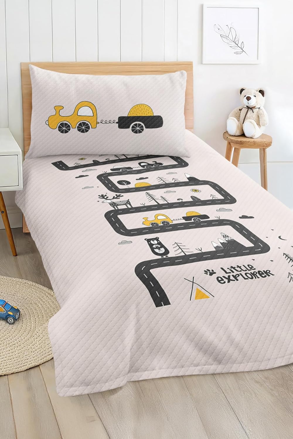 SODEF Bedding Set Twin Size Vehicles Pattern Kids and Teens Quilt Set, 2 Piece Cotton Polyester Blend, Fade Resistant - Multicolor, One Size