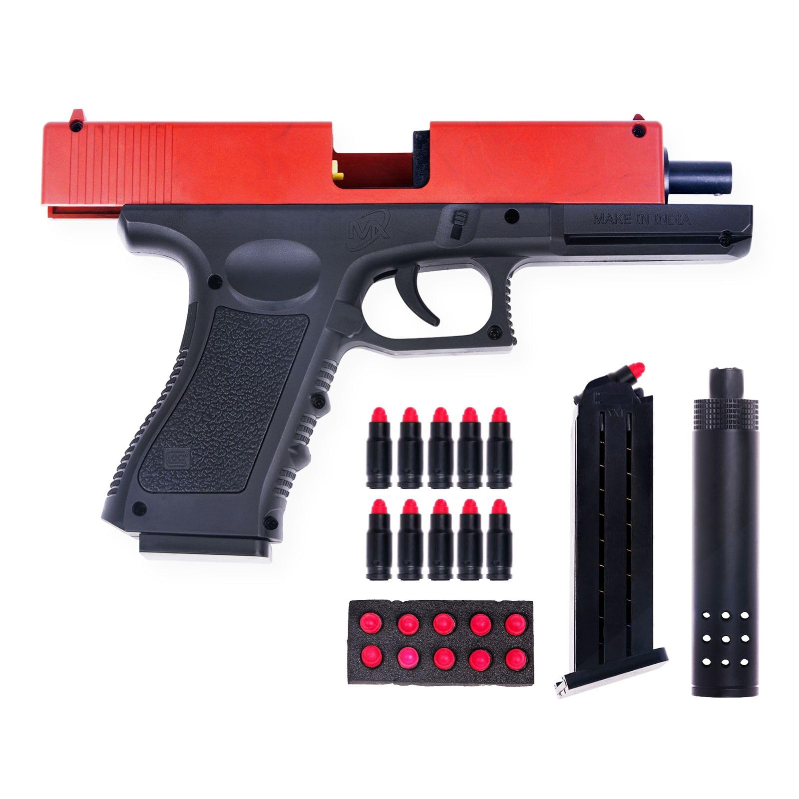 Toy Pistol Model with Magazine Loading Action,Shooting & Police, Army, Action Role Play Gun, Jump Ejecting & Soft Bullets for Kids Indoor & Outdoor Gaming Gun, 12 Years+ Children (Red & Black)