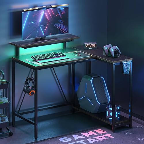 Miniatura 3 de Escritorio reversible para juegos de 42 pulgadas con soporte para monitor, escritorio de computadora con luces LED, escritorio de esquina en forma