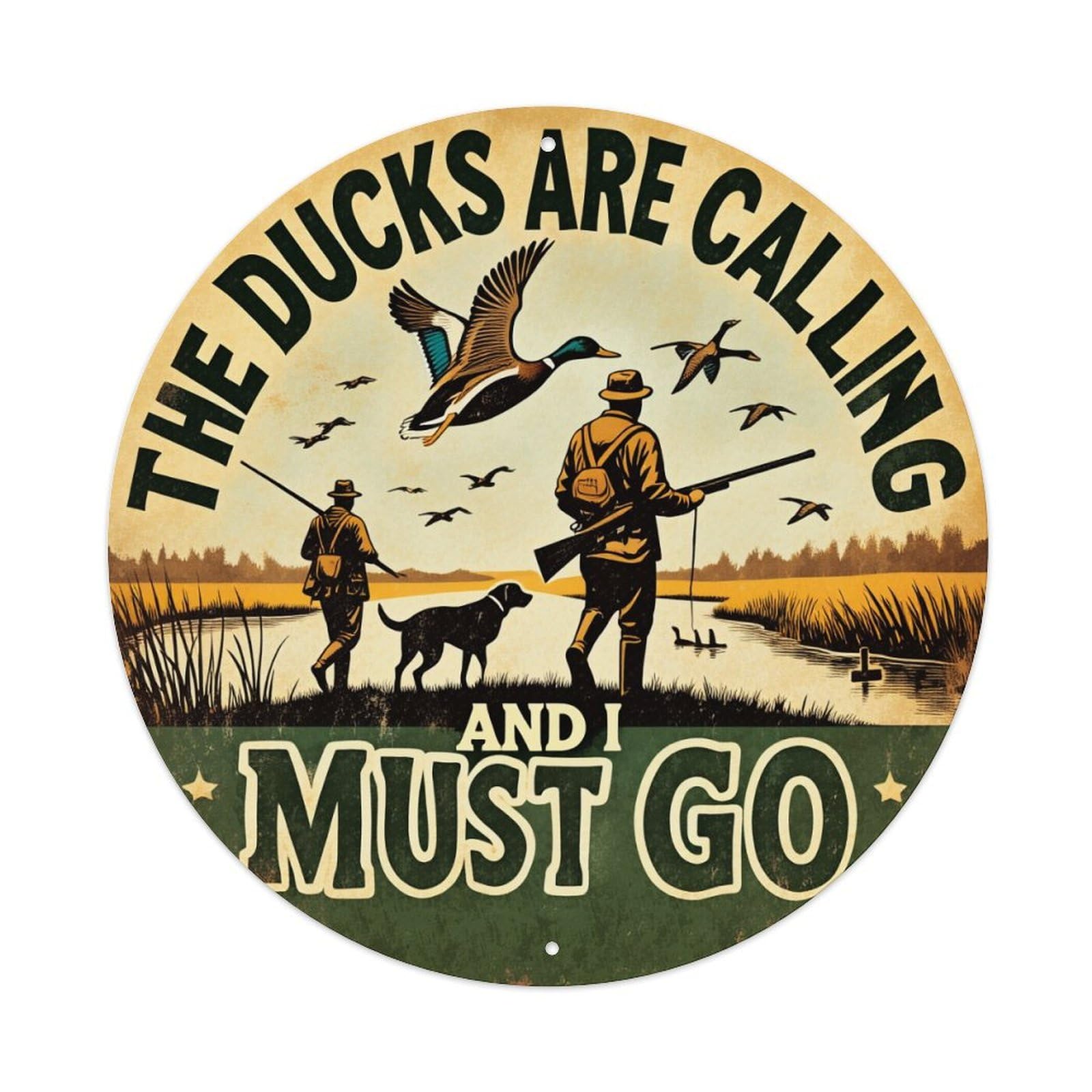 Duck Hunting Scene With Dog Round Tin Sign Vintage Metal Poster, Home Bar Garage Man Cave Cafe Indoor & Outdoor Wall Decoration 8x8Inches