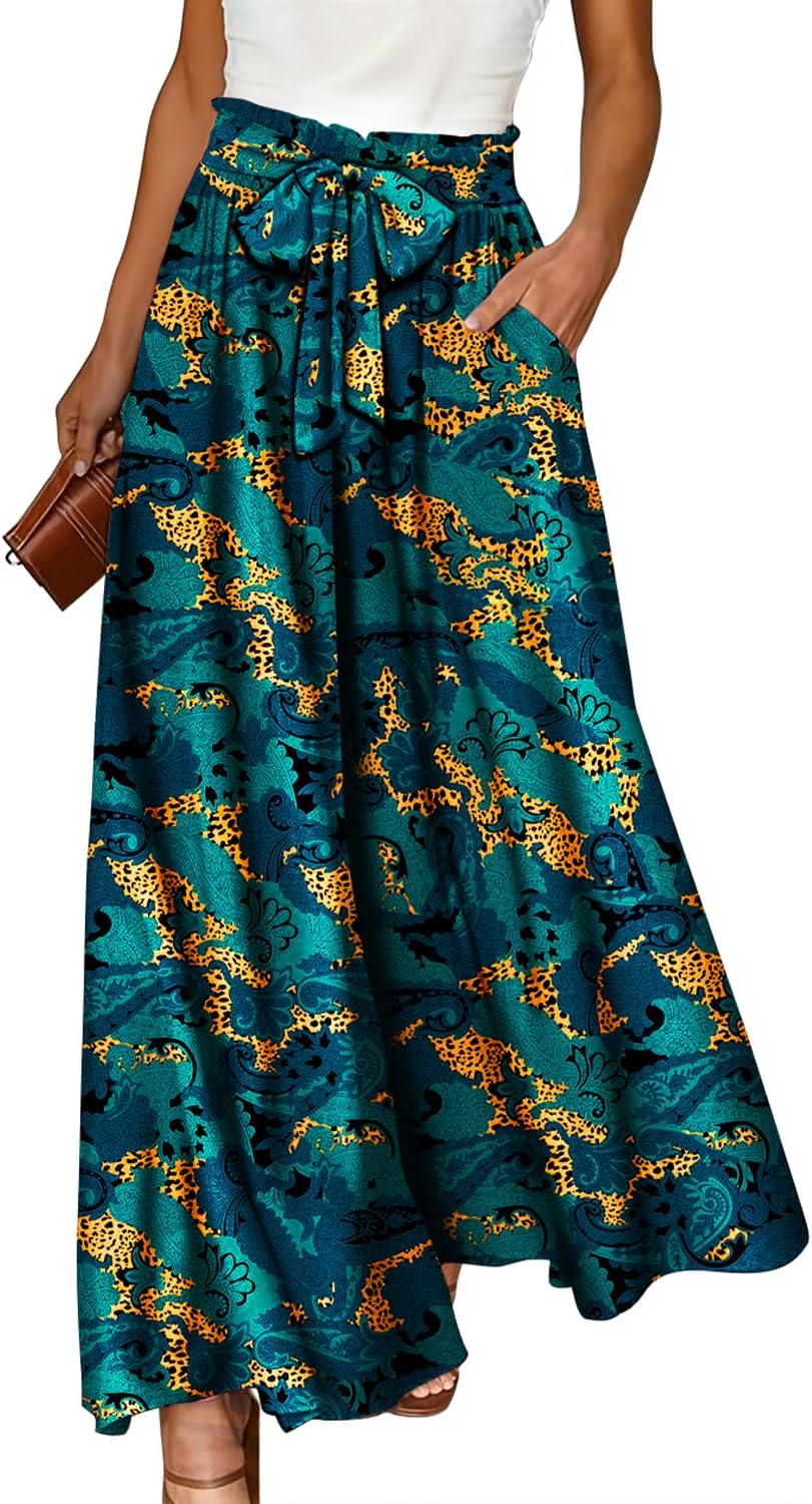 YESNO Women Wide Leg Pants High Waisted Floral Boho Palazzo Culottes Casual Flowy Tie Knot Trousers with Pockets PPS