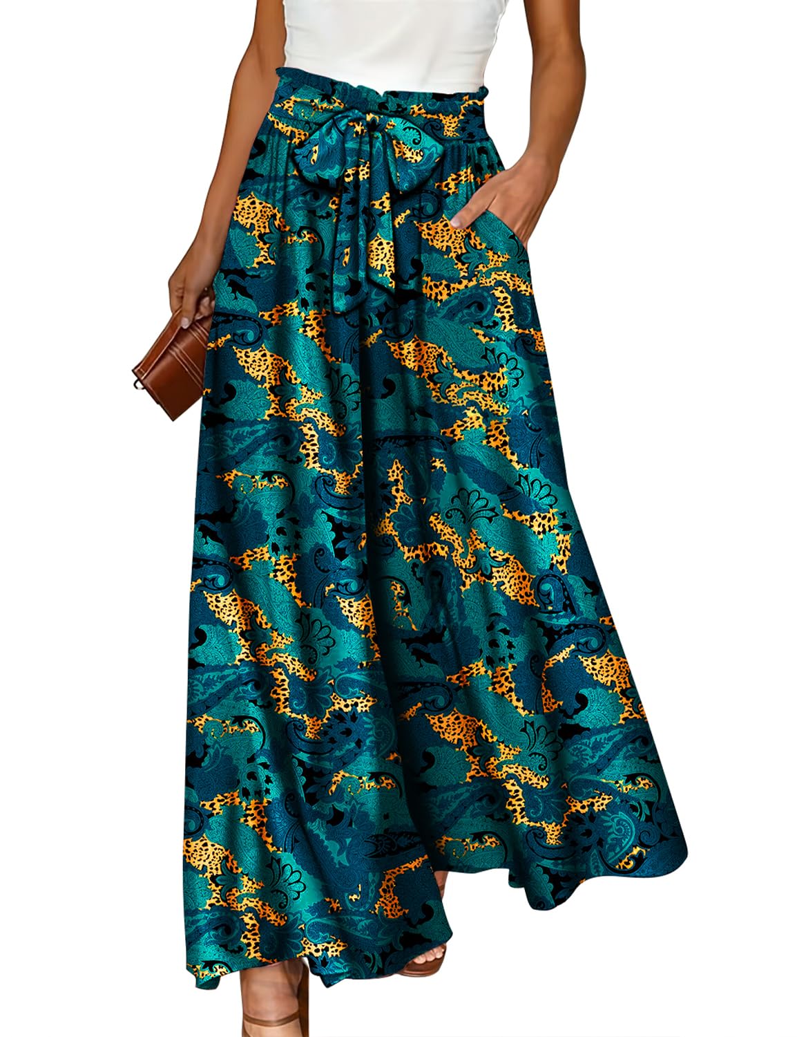 YESNO Women Wide Leg Pants High Waisted Floral Boho Palazzo Culottes Casual Flowy Tie Knot Trousers with Pockets PPS