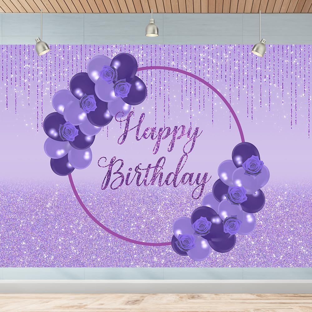 Happy Birthday Backdrop for Women Purple Balloon Birthday Party Photography Background Purple Theme Decoration Banner Supplies Cake Table Decor 5x3Ft