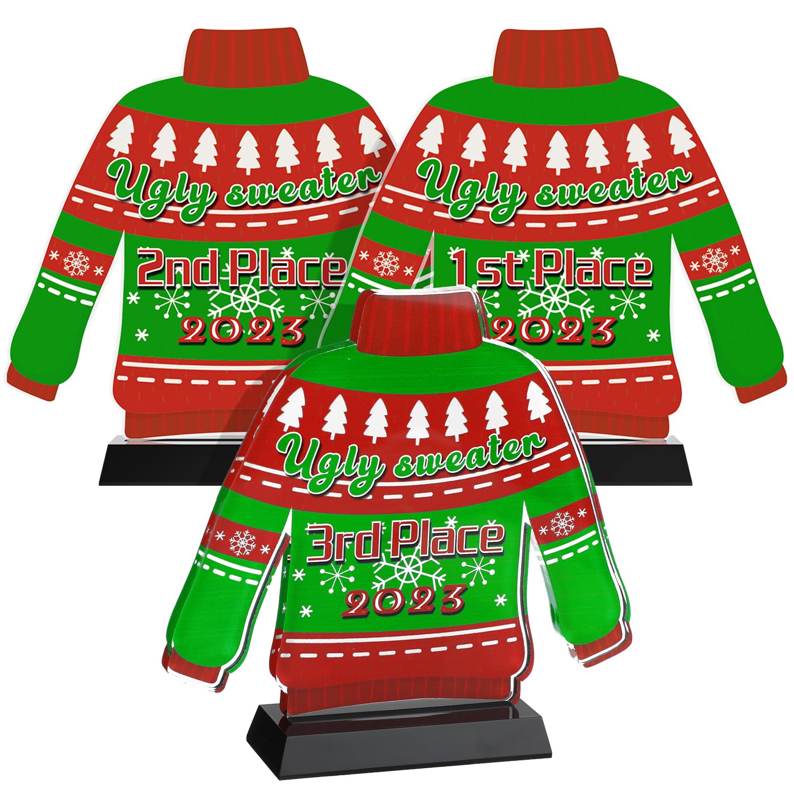 Soaoo 3 Pieces Ugly Christmas Sweater Trophy 6.7 Inch Acrylic Christmas Sweater Party Trophy Award 1st 2nd and 3rd Place Trophy Funny Trophy for Adults