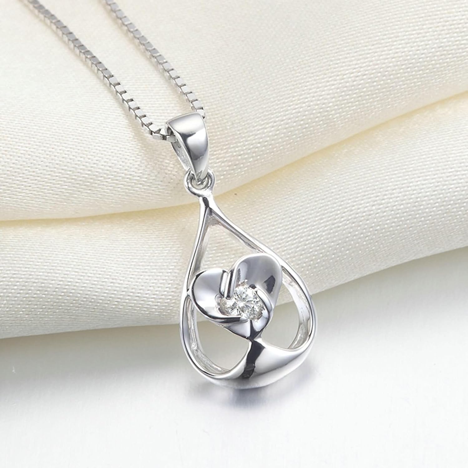 9 K / 14 K / 18 K White Gold Necklace Pendant for Women, Water Drop and Heart with Diamond, Women Silver Engagement Necklace image 3