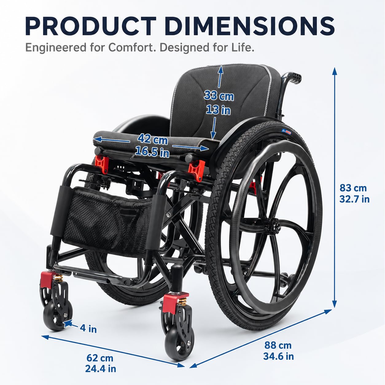 Silla de ruedas deportiva para adultos, silla de transporte plegable ligera con reposapiés, silla de ruedas de viaje portátil, silla de movilidad plegable de fácil transferencia, ancho del asiento de