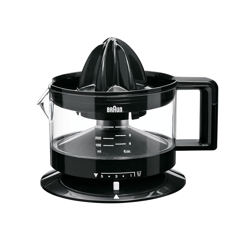 Braun CJ3000BK Spremiagrumi, rotazione a destra e sinistra, avvio e arresto automatici, base antiscivolo, vano portacavo, capacità caraffa 350ml con misuratore graduato, pratico beccuccio, 20w, Nero