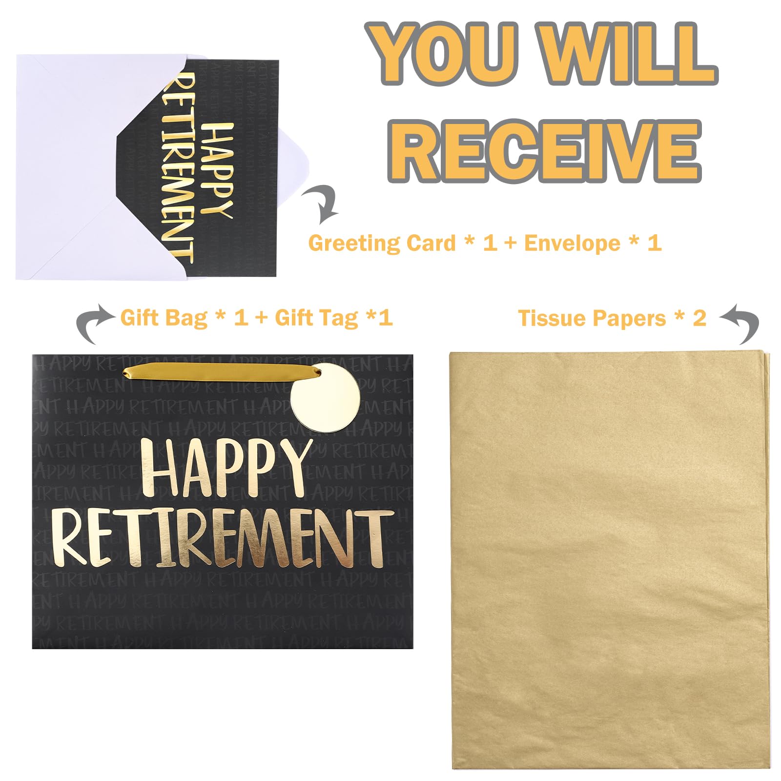 WRAPAHOLIC 13" Large Retirement Gift Bag with Card and Tissue Paper - Black Gold Happy Retirement Lettering
