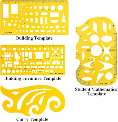 Miniatura 4 de Swpeet Kit de plantillas de dibujos geométricos amarillos de plástico de 18 piezas, 10 plantillas de dibujos geométricos diferentes con 2 lápices y