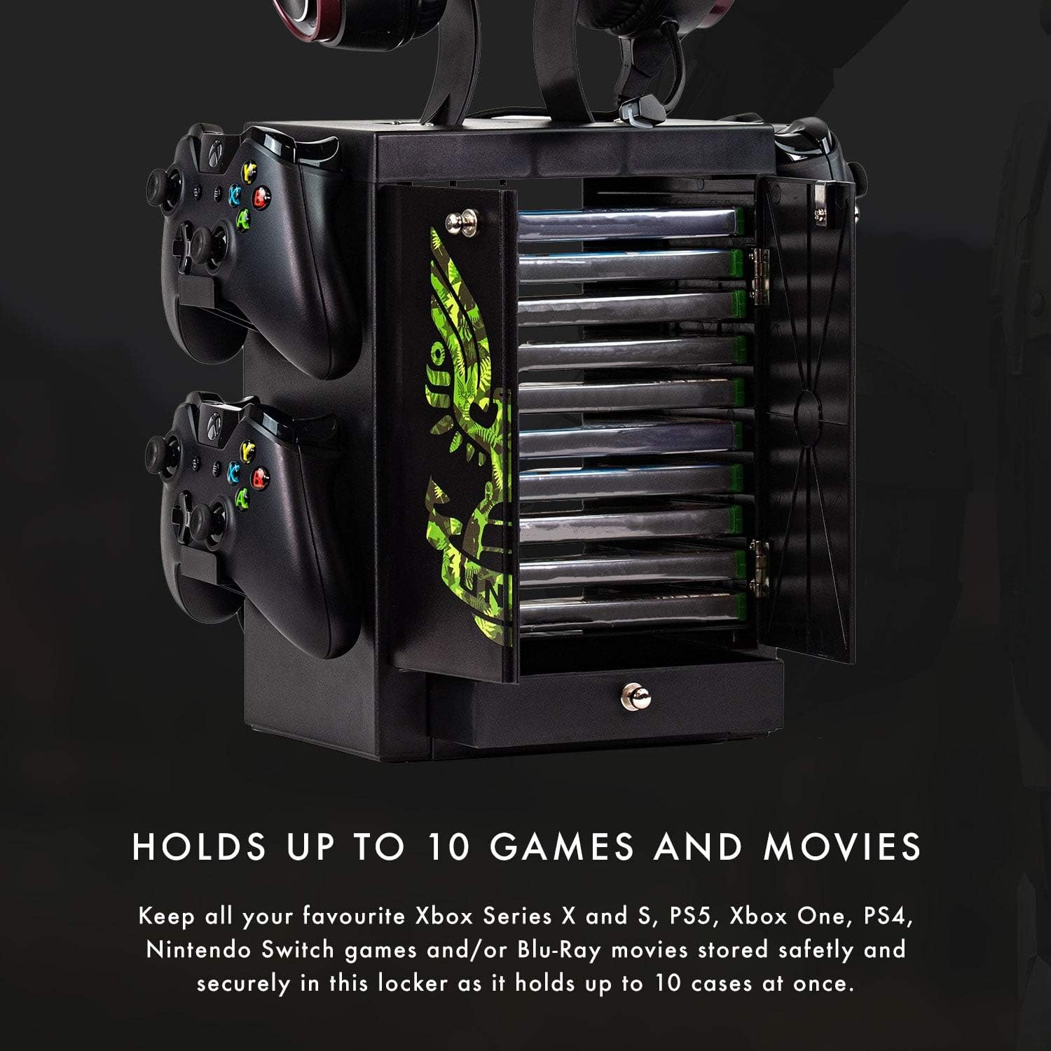 Numskull Official Halo Gaming Accessory Locker & Storage Stand – Holds 10 Games/DVDs, 4 Controllers, Headset, and Accessories – Durable & Compact Organizer – Official Halo Merchandise