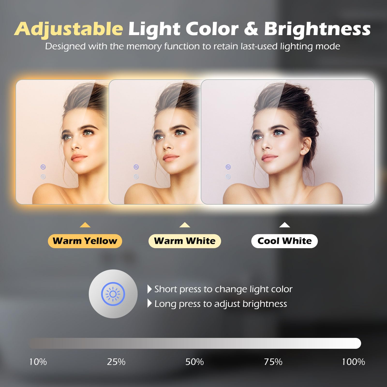 FANTASK Specchio da bagno rettangolare a LED, in vetro temperato, con controllo touch, dimmerabile, funzione anti-appannamento e memoria (70 L x 50 B)