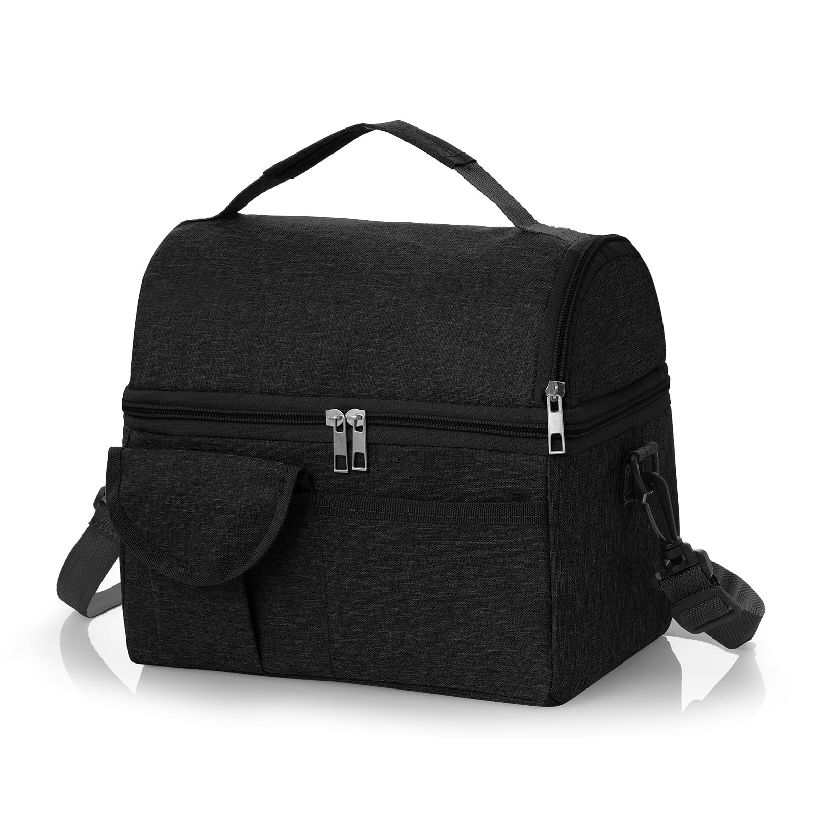 Lkw Ogechi Double Layer Insulated Lunch Bag with Adjustable Shoulder Strap and Drink Compartments for Women Men, 8.4L Thermal Cooler Bag for Work School Picnic Travel (Black)