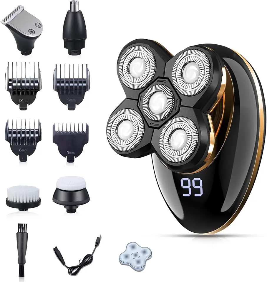 Barbeador Elétrico Rotativo 5 Lâminas, Sem Fio, Resistente à Água, Preto, Bateria Recarregável, 3 Pentes