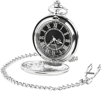 Pocket Watch for Men with Black Dial and Chain Quartz Roman Numerals