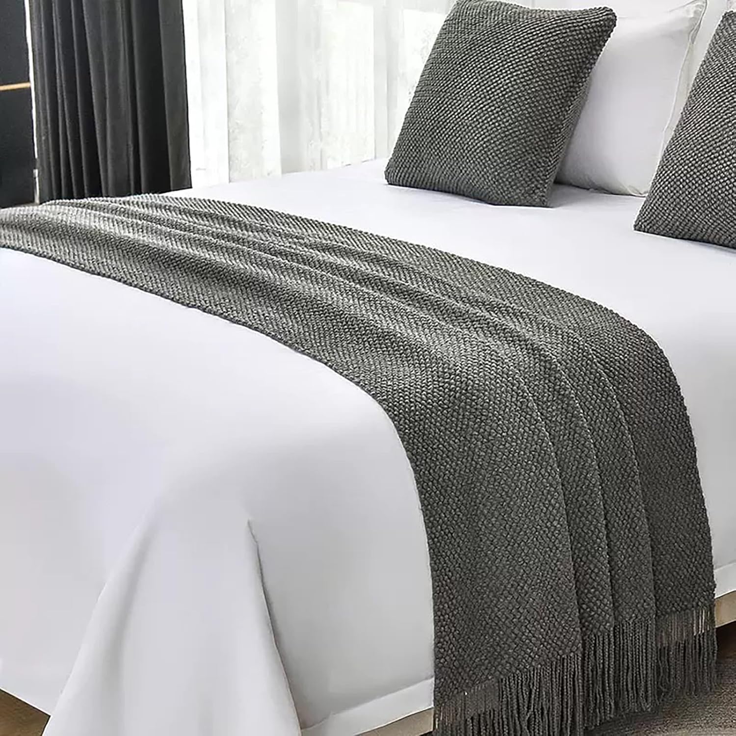 Khaki Knit Bed Runner Queen Size Solid Color Woven BedScarf with Tassel Modern Bed Runner Scarves Decoration for Bedroom Home Hotel (91 x 28 Inches, 1 Piece)