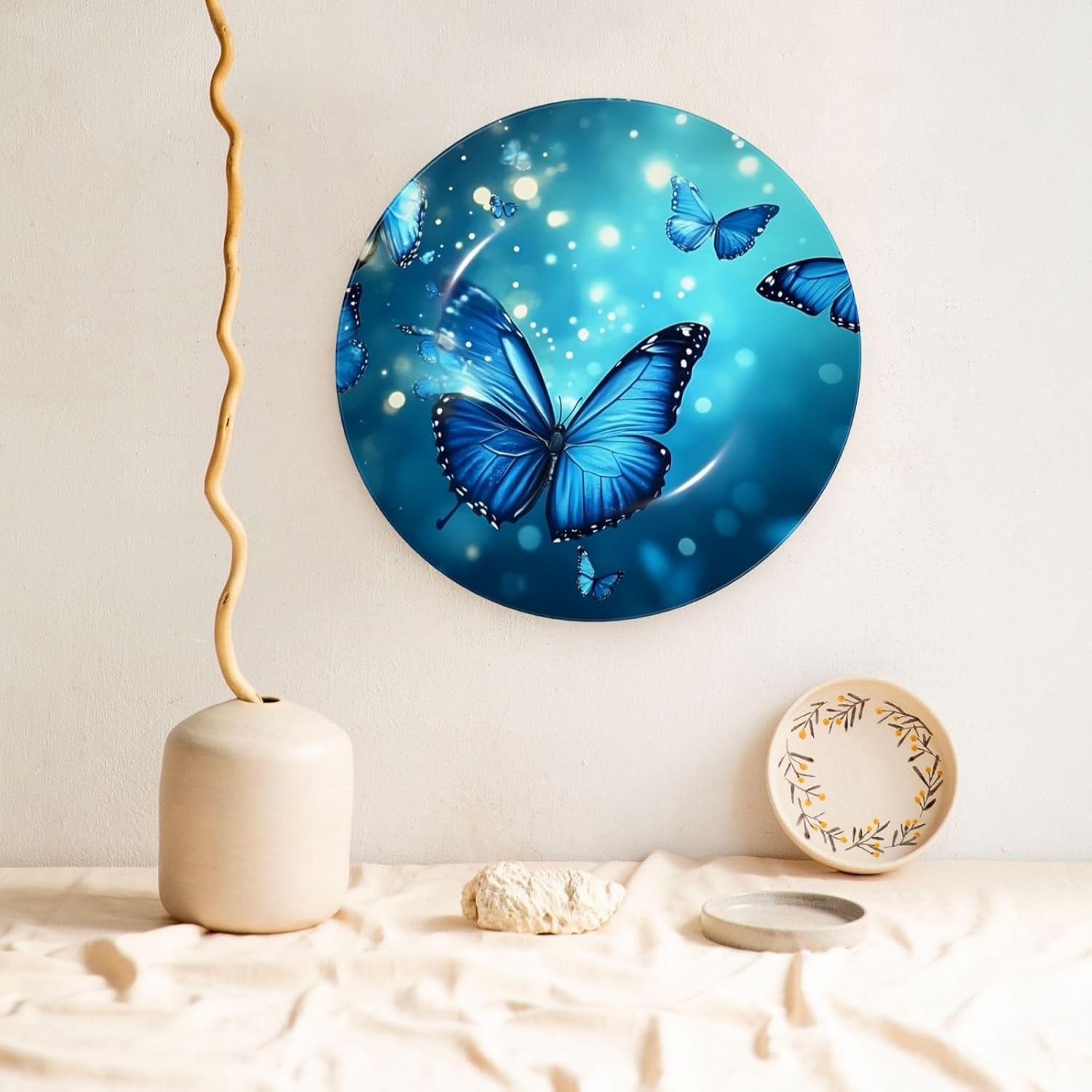 Blue Butterflys Style Ceramic Plate Display Home Display With Stand Wall Hanging Plate For Home Decor 10 Inch