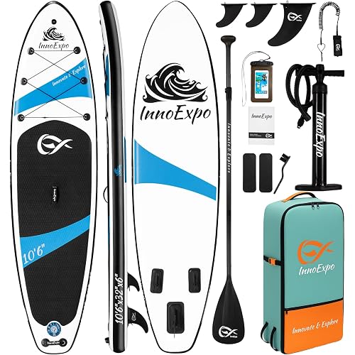 InnoExpo Inflatable Stand Up Paddle Boards with Premium Accessories, Wide Stable SUP Paddle Board Design, Non-Slip Comfort Deck for Youth & Adults