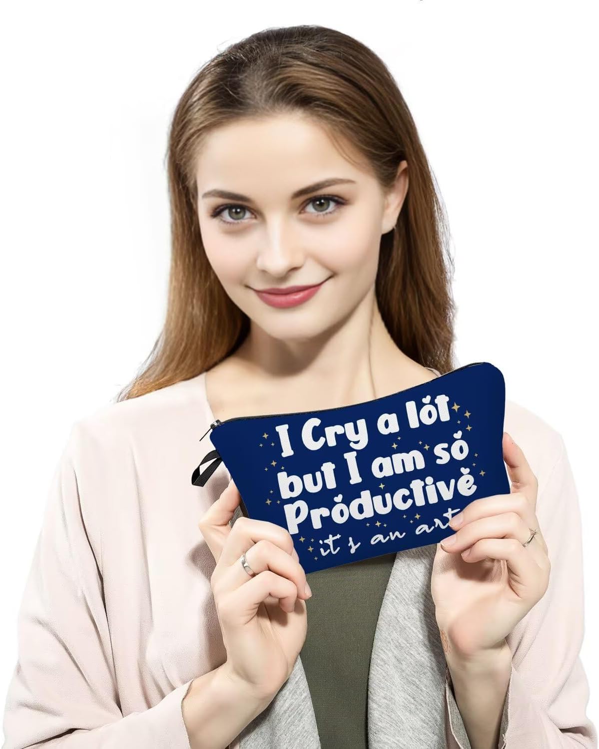"I Cry a lot but I am so Productive Text Print Women Makeup Bag Outdoor Travel Fashion Cosmetic Bag Small Zipper Toiletry Kit Organizer image 3