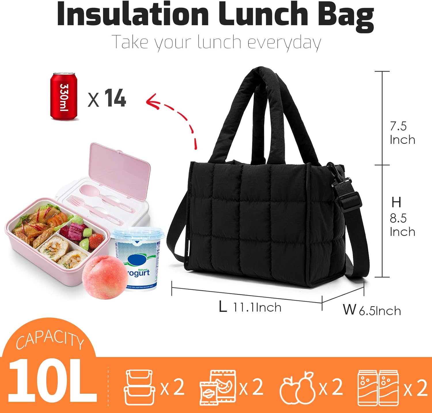 NOL Natural Organic Lifestyle Women's Nylon Lunch Cooler Quilted Tote Bag Puffy Insulated Lunch Bag for Women, Lightweight Waterproof Lunch Box for Work, Picnic, Outdoors,Black