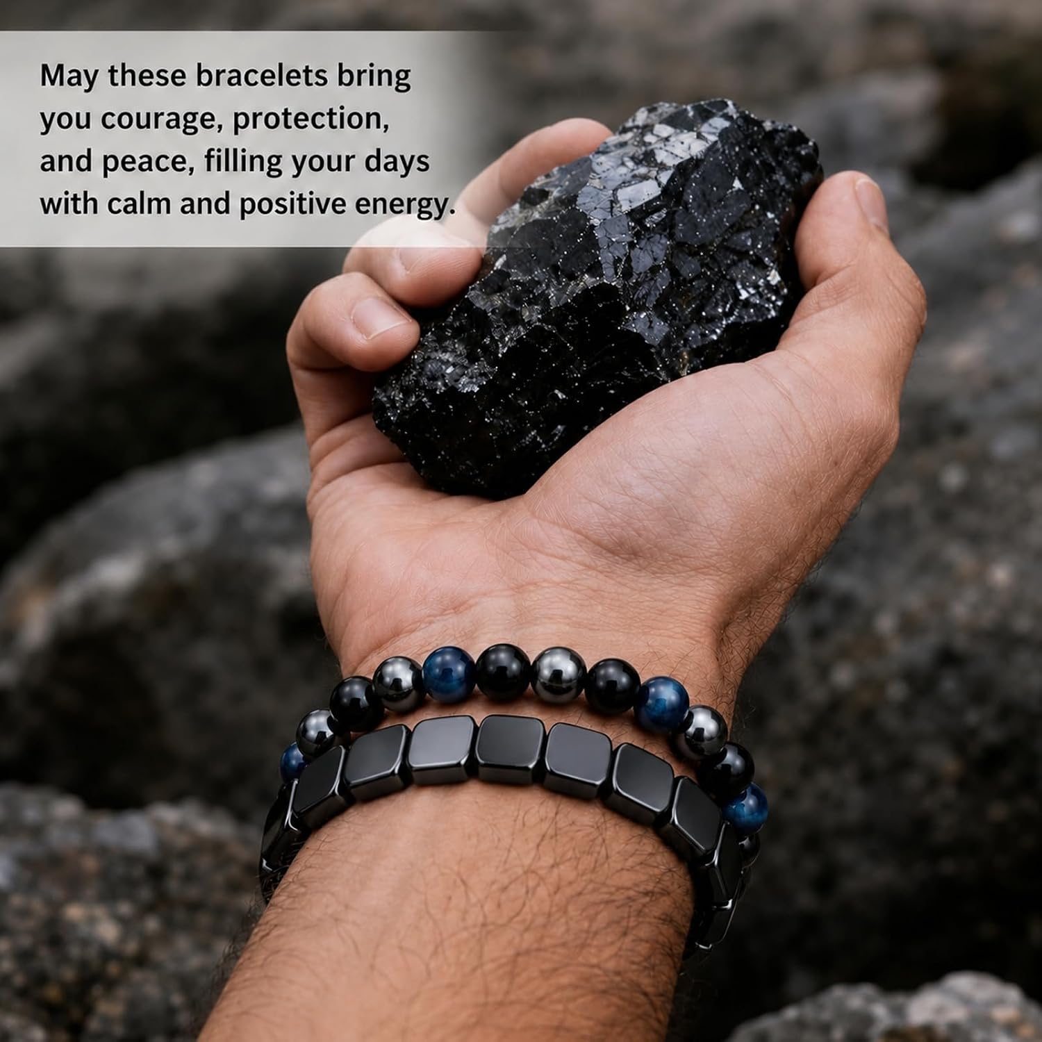 2Pcs Hematite Bracelet for Men Women, Natural Hematite & Tiger Eye & Black Obsidian Energy Bracelet, Reclaim Your Confidence & Drive, Stretch Cord Spiritual Energy Stone Beads Jewelry Gift