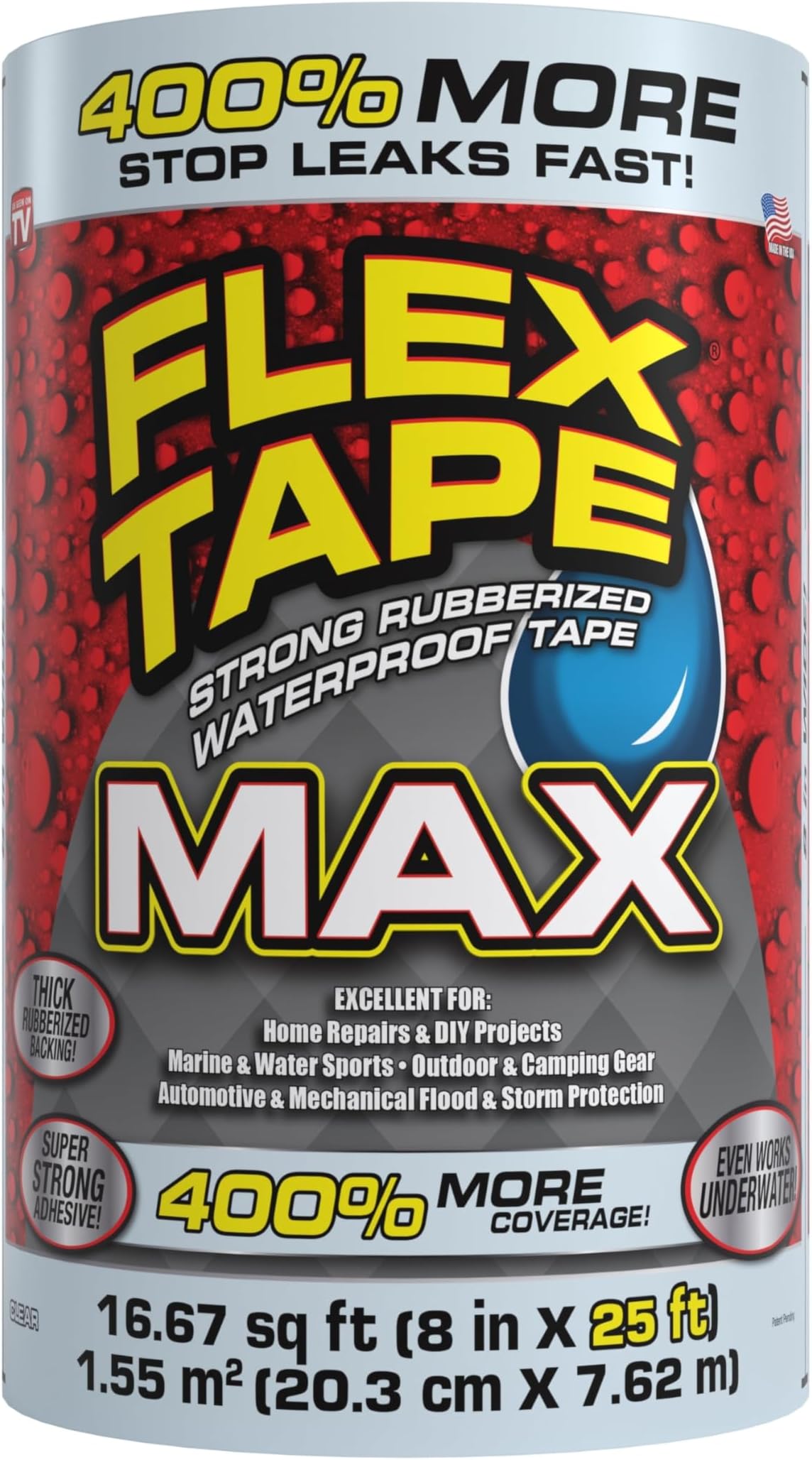 Flex Tape, MAX, 8 in x 25 ft, Clear, Original Thick Flexible Rubberized Waterproof Tape - Seal and Patch Leaks, Works Underwater, Indoor Outdoor Projects - Home RV Roof Plumbing and Pool Repairs