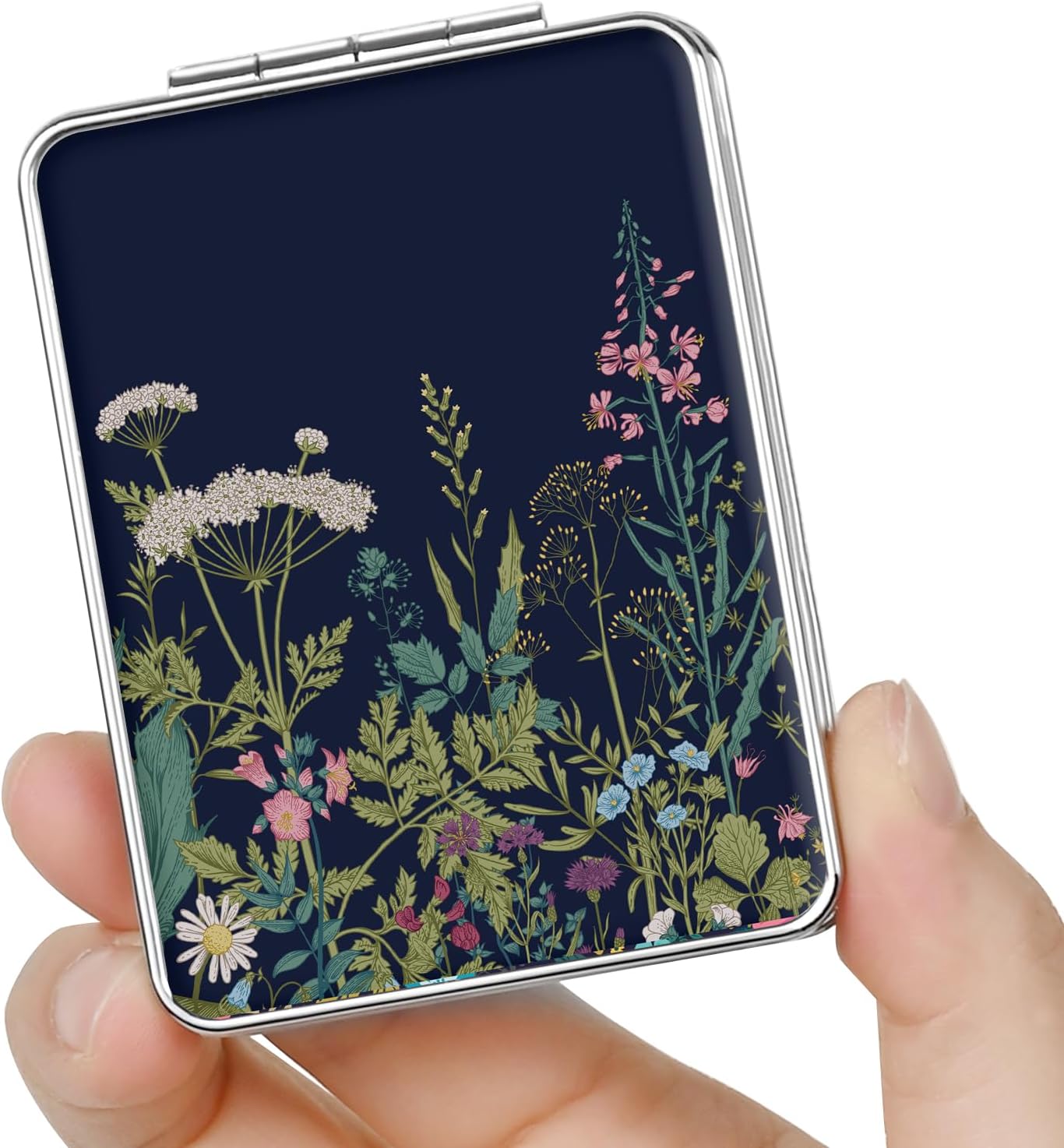 Pocket Mirror, Small Travel Mirror with Magnification, Portable Double-Sided Magnifying Cosmetic Mirror for Daily (Black Flower)