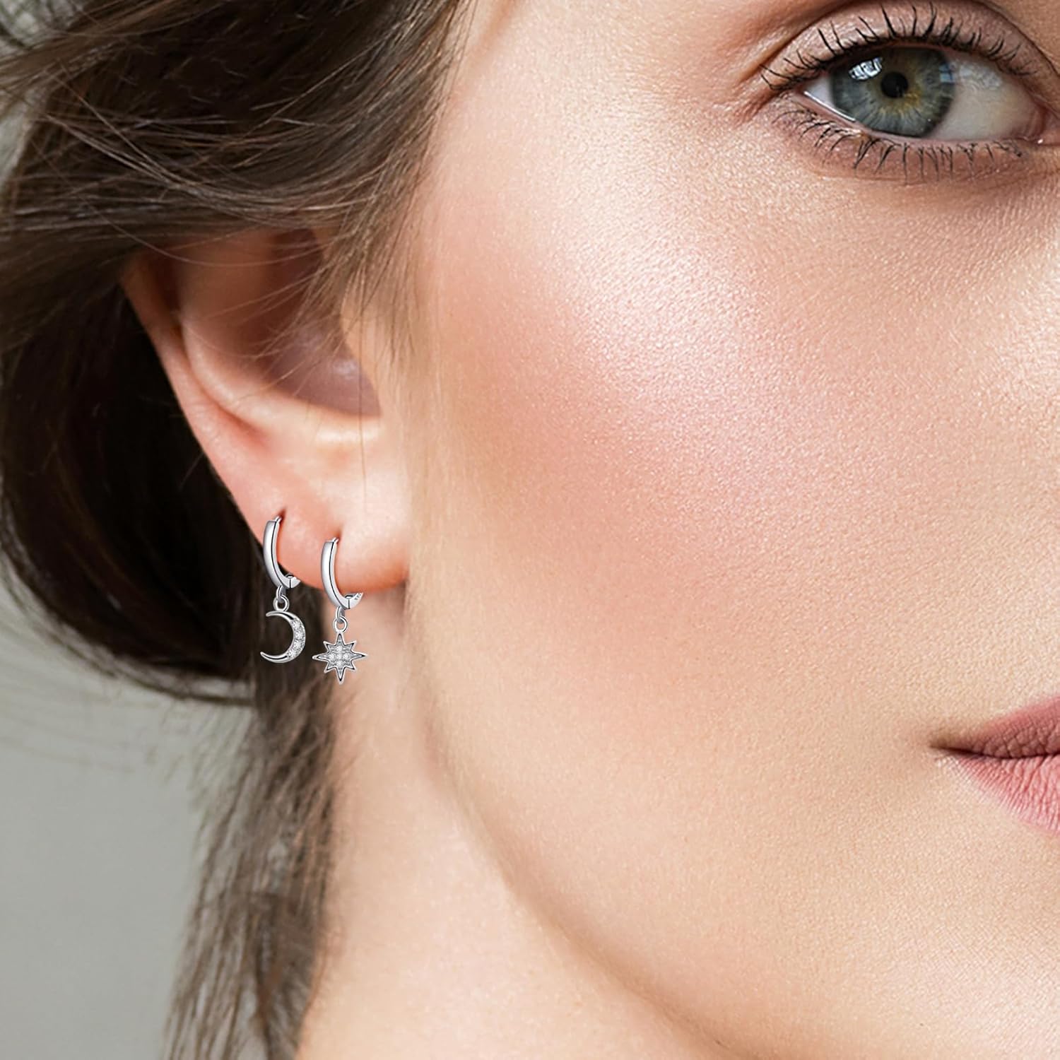 925 Sterling Silver Sun and Moon Huggie Hoop Earrings CZ Crescent Moon Drop Dangle Earrings Asymmetrical Earrings for Women Trendy - Image 2