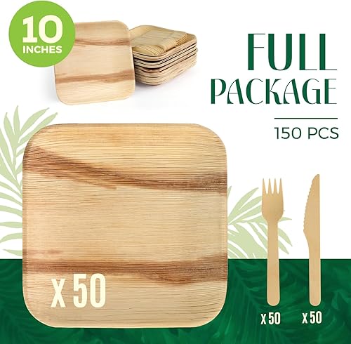 Miniatura 4 de Paquete de 150 platos cuadrados compostables de hoja de palma I 50 platos de 10 pulgadas, 50 cuchillos y 50 tenedores, juego de platos desechables