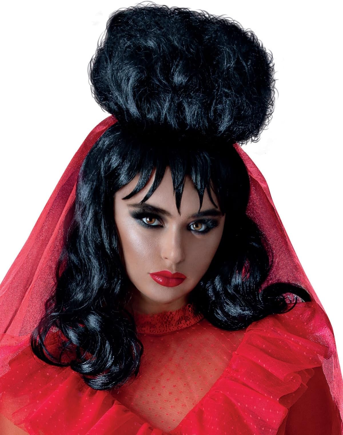 Smiffys Beetlejuice Lydia Wig for Adults Black Mid-Length with Fringe Officially Licensed Warner Brothers Ideal for Infamous Lydia Deetz Up-Do and Matching Family Fancy Dress Halloween