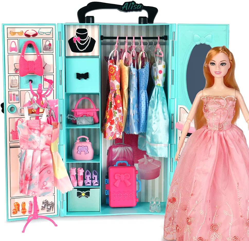 UCanaan Doll Closet Wardrobe 11.5 Inch Girl Doll and Clothes Accessories Storage - Lot 51 Items Including Wardrobe, Trunk, Casual Wear, Dress, Swimsuits, Hangers, Shoes, Bags and Necklaces