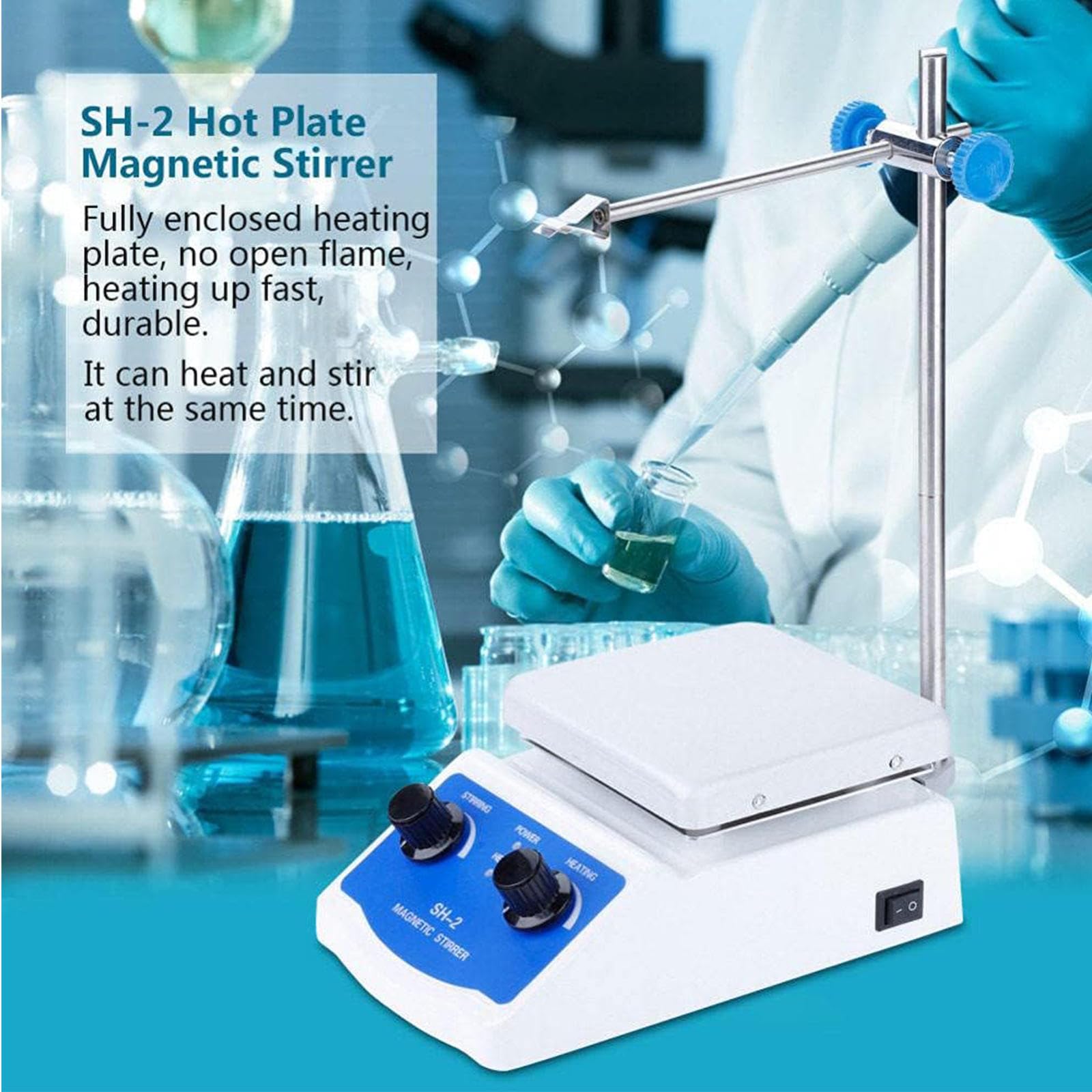 Agitador Magnético de Laboratorio, Placa Calefactora Magnética con Calefacción, Capacidad de Agitación de 1000 Ml, 1600 RPM, Agitador Magnético con Placa Calefactora para Laboratorio