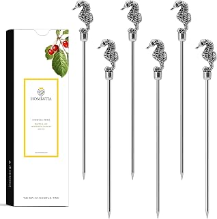 Homestia 6 Pcs Metal Cocktail Martini Picks, 4.6'' Seahorse Garnish Skewers | Reusable Stainless Steel Olive Skewers Fruit Toothpicks for Drinks, Food, Appetizers, Bar Accessories Gift for Bartenders