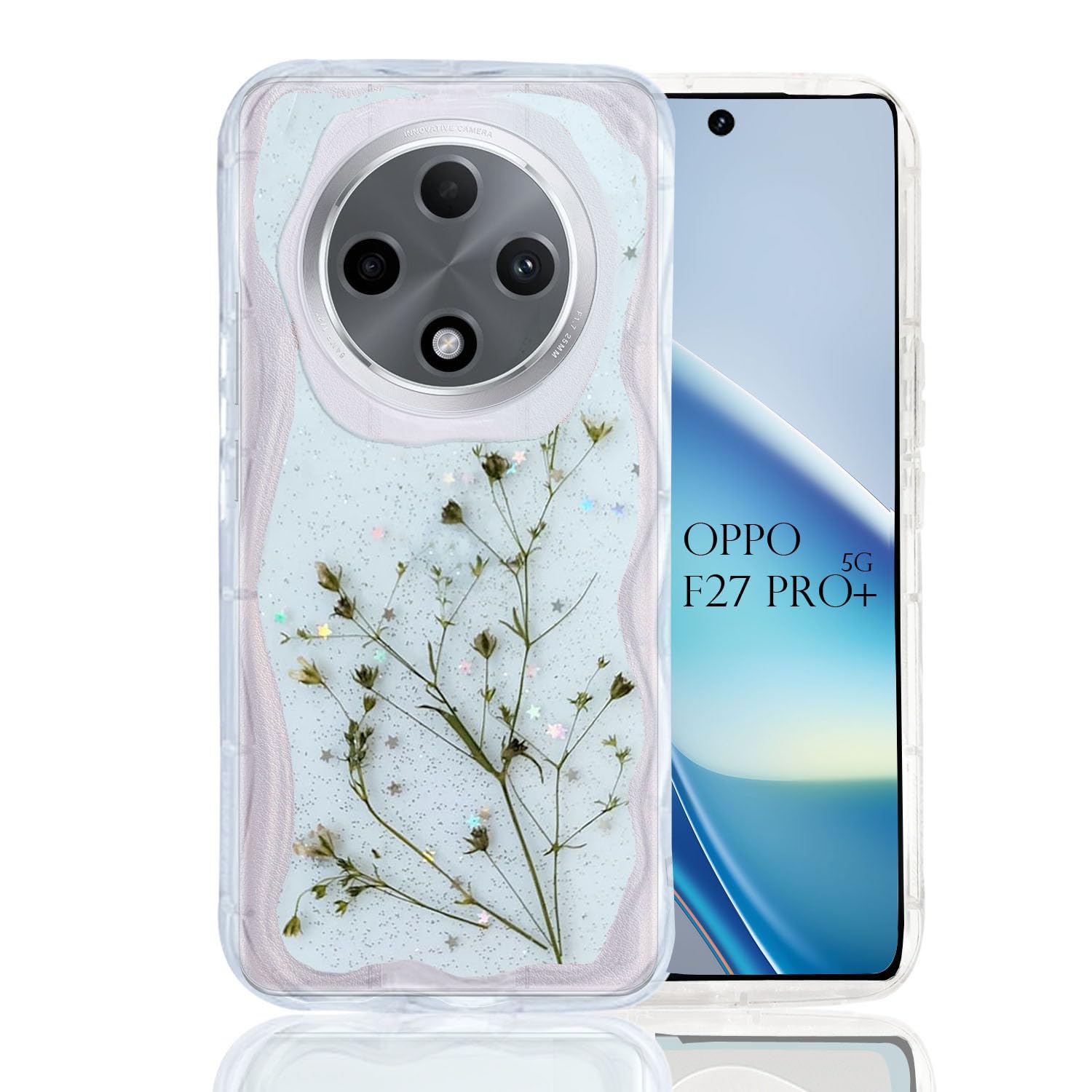 KC Back Cover for Oppo F27 Pro Plus 5G – Curly Wave Flexible Floral Dried Pressed Epoxy Real Flowers Dry Fixed Glitter Soft Silicone Camera Protection Case (Transparent)
