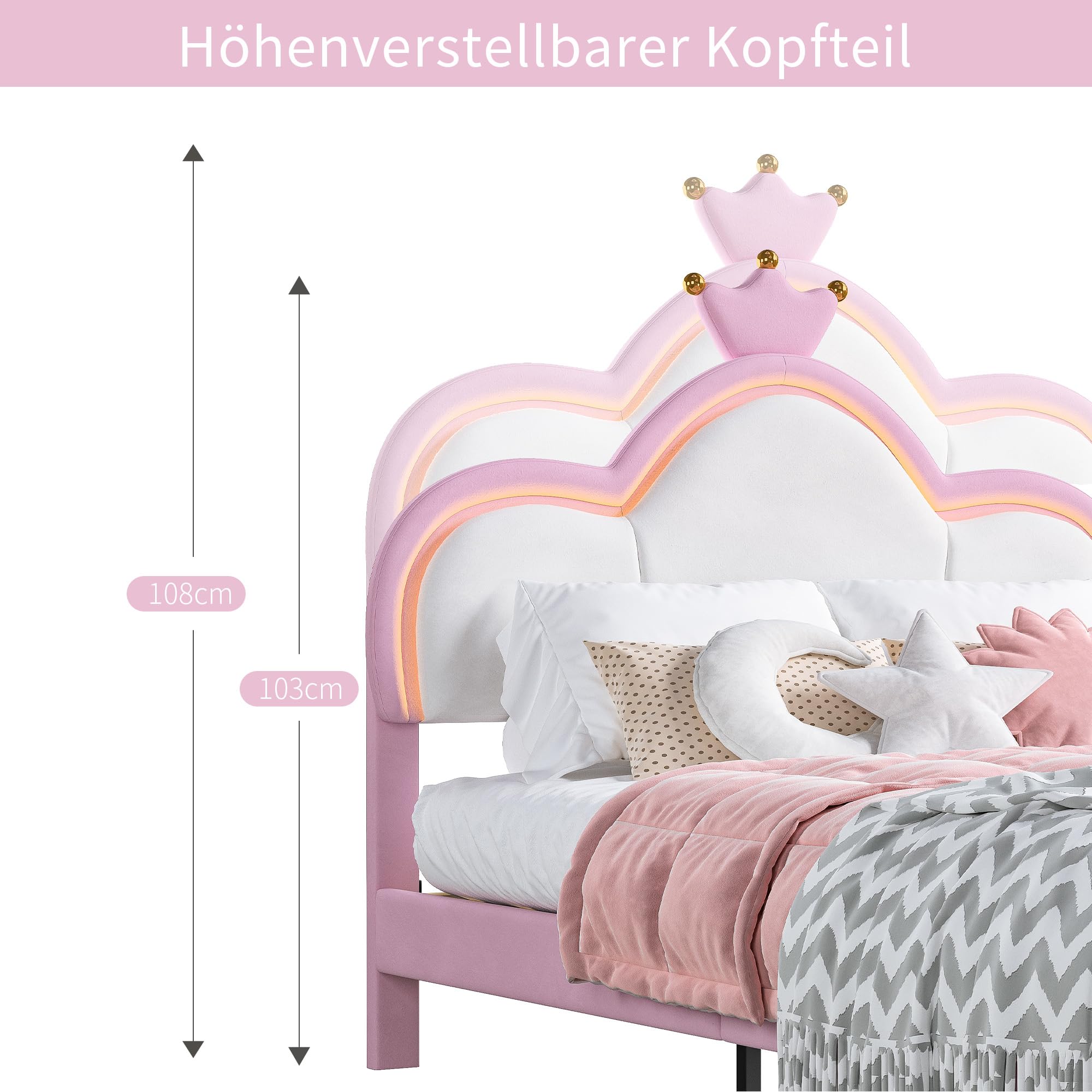 Letto singolo imbottito 90x200 cm per bambini, letto per bambine con illuminazione a LED e controllo tramite app, letto per bambini dal design a corona, testiera regolabile in altezza