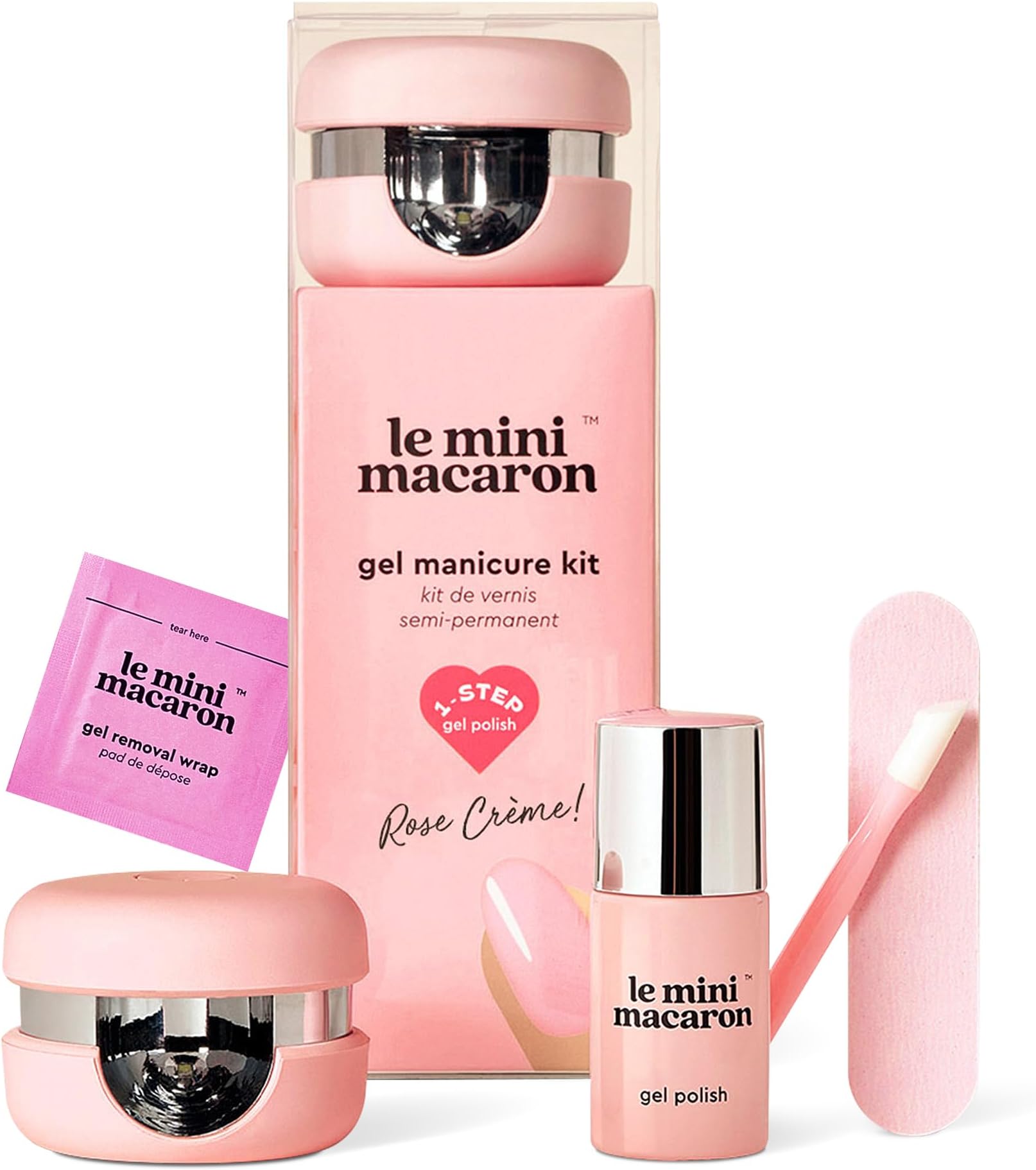 Le Mini Macaron Gel Nail Polish Kit with LED Light, DIY At-Home Polish Nail Kit | Non-Toxic, Fast-Drying 3-in-1 Set for Long-Lasting, Salon-Quality Nails, File, and Remover Wraps (Rose Crème)