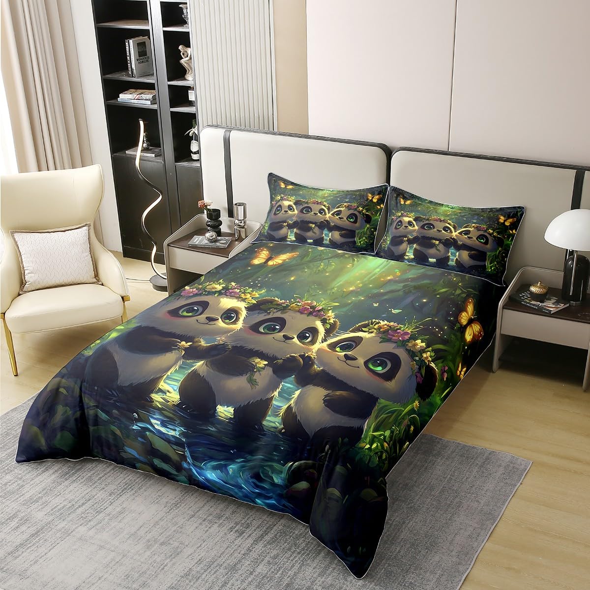 3 Pieces Cartoon Pandas Duvet Cover 100% Cotton Full for Teens Youth,Jungle Animals Watercolor 3D Bear Comforter Cover,Glittering Butterly Natural Landscape Super Soft Bedding (Not Comforter)