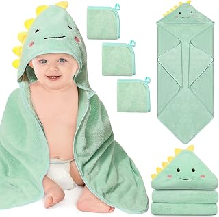 Sublaga Dinosaur Hooded Baby Towel Set: 4PCS Soft Absorbent Bath Towels & Washcloths, 32x32in Hooded Towel for Newborns Toddlers Kids