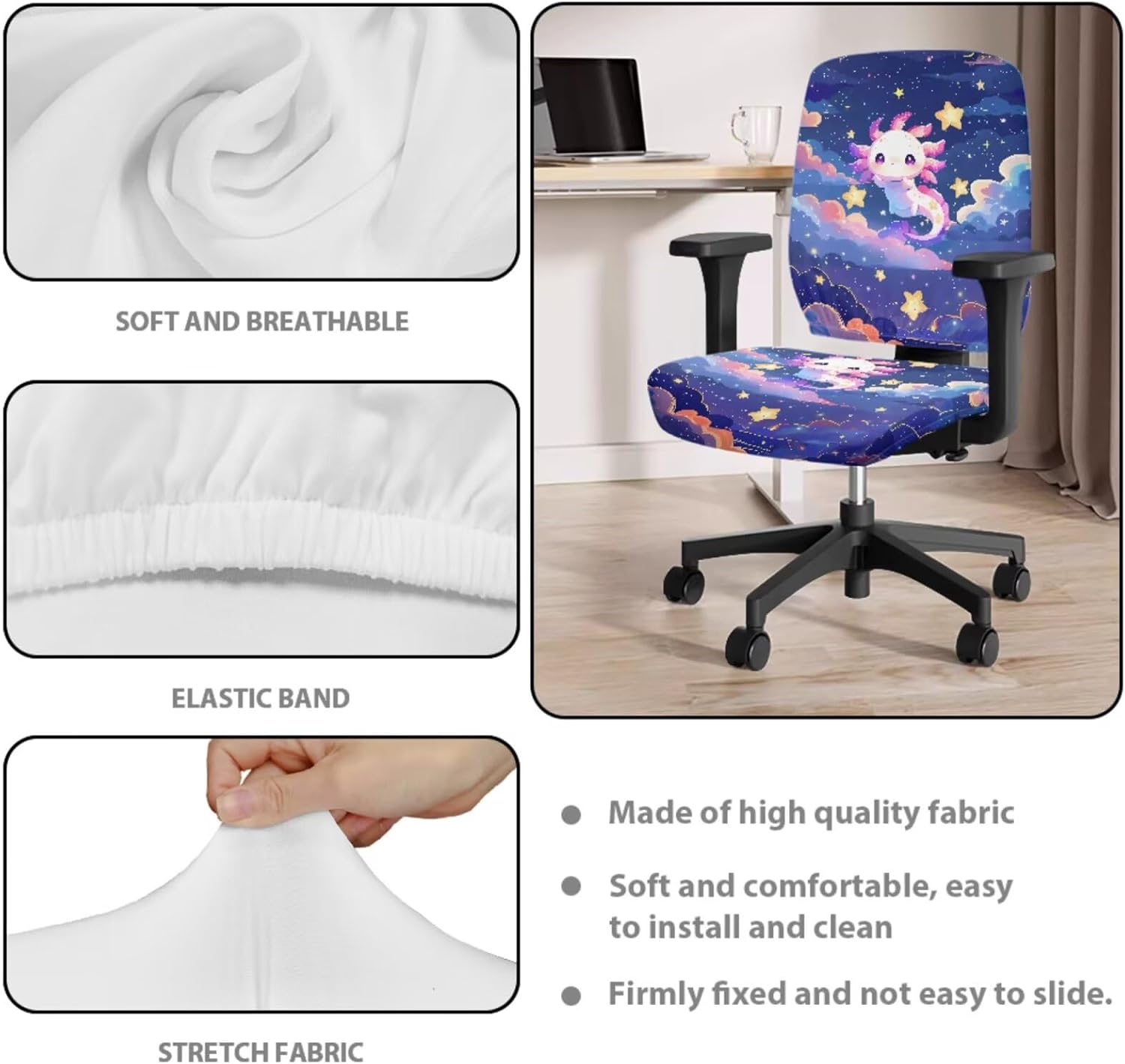 Axolotl Star Cloud Pattern Office Chair Cover, Comfortable Split Computer Chair Cover Set of 4 Thick Stretch Rotating Computer Chair Protector with Armrest Cover