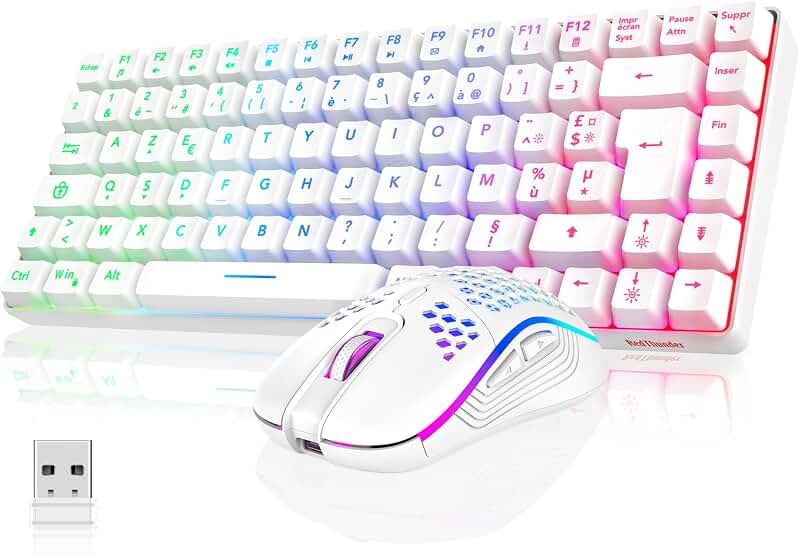 RedThunder K84 Combo Clavier et Souris USB sans Fil Gamer, AZERTY Français, Batterie Rechargeable RVB Rétroéclairée, Clavier TKL à 75% et Souris Optique Légère en Nid d'abeille 3200 DPI(Blanc) Global Recycled Standard